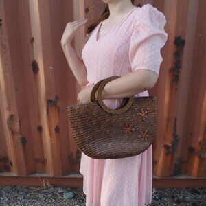 Vintage Wood Handled Raffia Women's Handbag